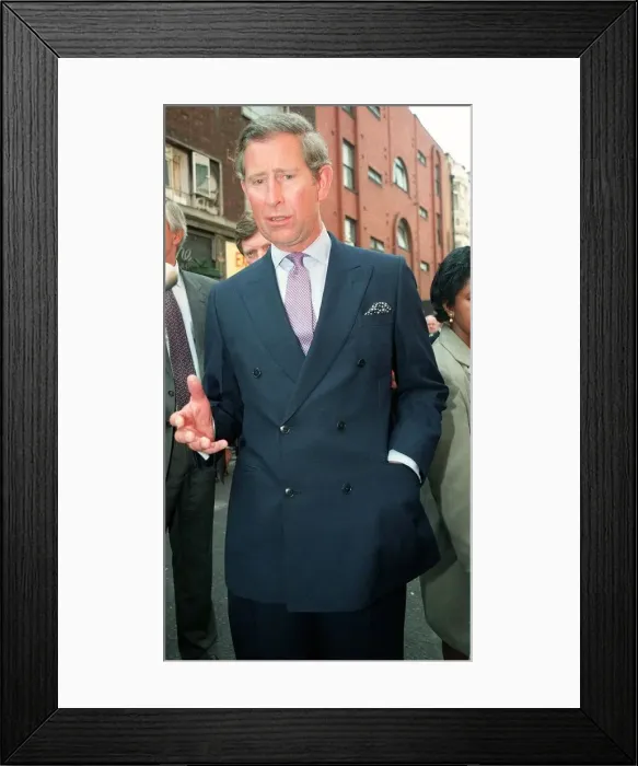 Framed Print : Prince Charles visits the scene of the Soho bomb April 1999