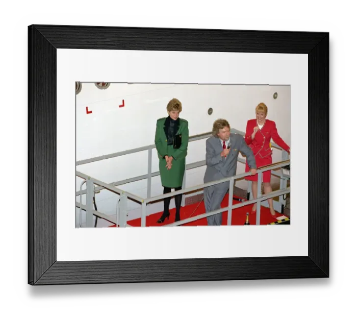Framed Print : Princess Diana, wearing a green jacket and skirt suit, pictured at the naming ceremony of