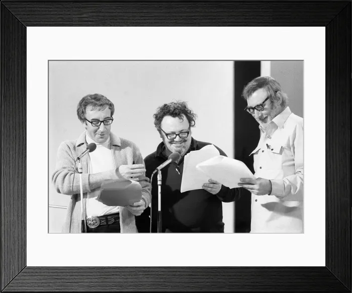 Framed Print : Goons alias Spike Milligan Peter Sellers and Harry Secombe during recording of new Framed Print : Goons alias Spike Milligan Peter Sellers and Harry Secombe during recording of new