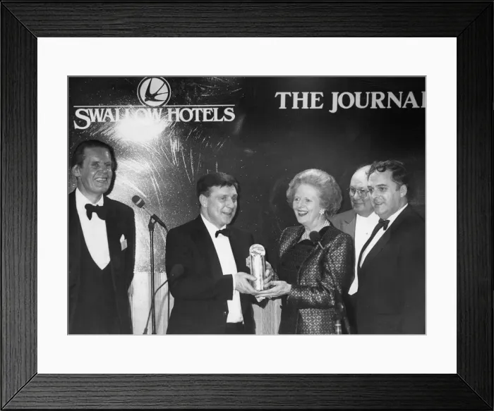 Framed Print : Margaret Thatcher presents the award to Mr Bernard Robinson, with Paul Nicholson, left Framed Print : Margaret Thatcher presents the award to Mr Bernard Robinson, with Paul Nicholson, left