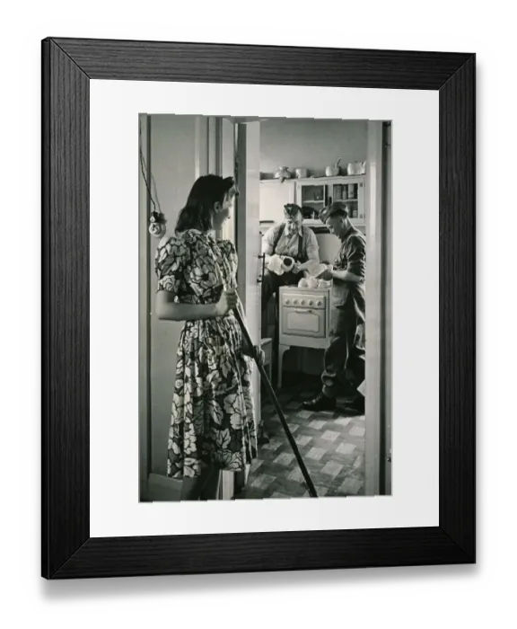 Framed Print : Canadian soldiers washing-up while english woman sweeps floor Circa 1940 Framed Print : Canadian soldiers washing-up while english woman sweeps floor Circa 1940