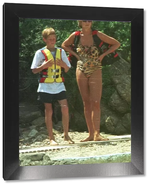 Diana, Princess of Wales with her son Prince Harry on holiday in St Tropez in the South
