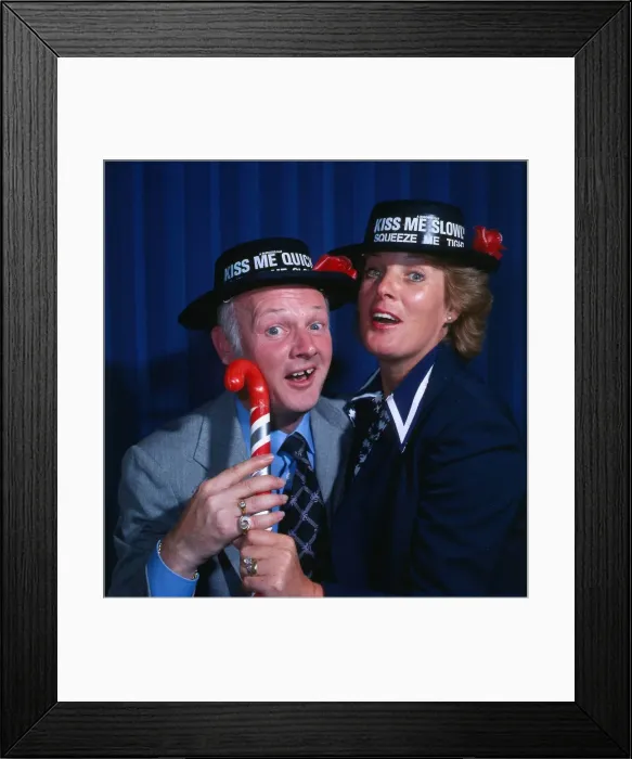 Framed Print : Moira Anderson July 1980 SCottish folk singing with actor John Inman both wearing Kiss Framed Print : Moira Anderson July 1980 SCottish folk singing with actor John Inman both wearing Kiss
