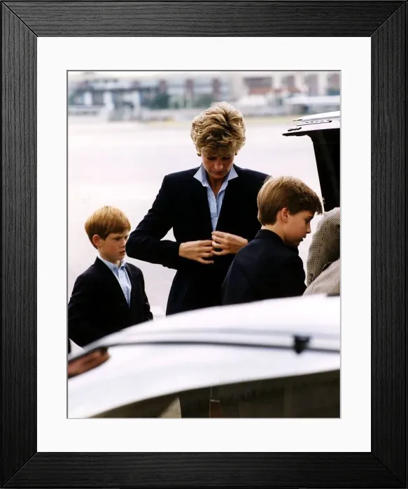 Framed Print : Princess Diana with her sons Prince William and Prince Harry on their way to Scotland for Framed Print : Princess Diana with her sons Prince William and Prince Harry on their way to Scotland for