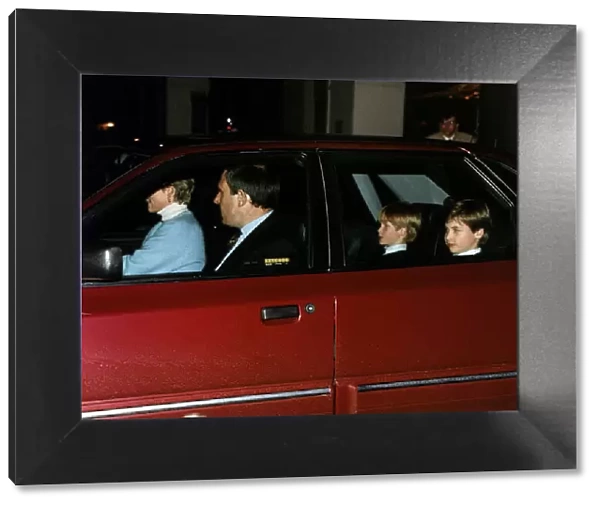 Princess Diana leaving Kensington Palace in car with Prince William and Prince Harry