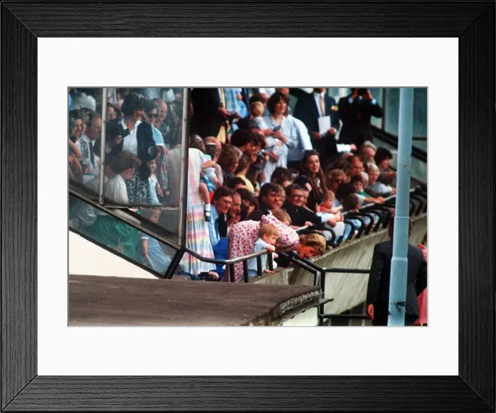 Framed Print : Princess Diana and Prince Harry lean over the railings to shout encouragement to Prince Framed Print : Princess Diana and Prince Harry lean over the railings to shout encouragement to Prince