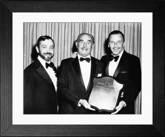 Framed Print : Frank Sinatra with friends holding a shield to tribute the Warner Brothers Framed Print : Frank Sinatra with friends holding a shield to tribute the Warner Brothers