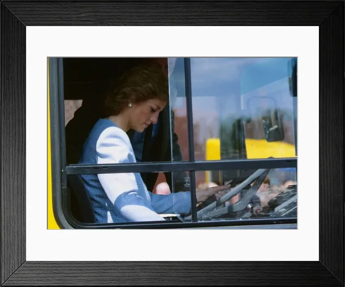 Framed Print : Princess Diana, Princess of Wales at the wheel of a bus during a visit to the Walter Framed Print : Princess Diana, Princess of Wales at the wheel of a bus during a visit to the Walter