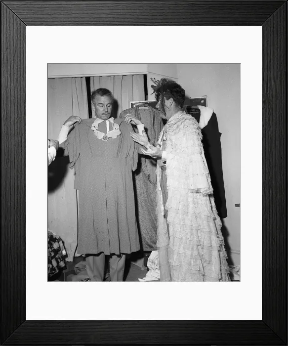 Framed Print : Sir Laurence Olivier and Kenneth More dressing up for their act in Framed Print : Sir Laurence Olivier and Kenneth More dressing up for their act in