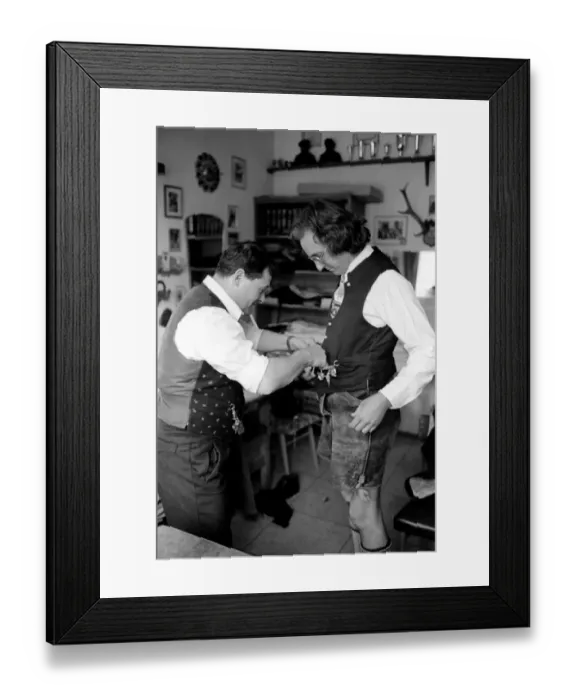 Framed Print : Chris Ward wearing Lederhosen in the village of Ruhpolding, near Munich. May 1975 Framed Print : Chris Ward wearing Lederhosen in the village of Ruhpolding, near Munich. May 1975