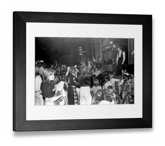 Framed Print : Fans cheer as the Bay City Rollers perform on stage at Cardiff. May 1975 Framed Print : Fans cheer as the Bay City Rollers perform on stage at Cardiff. May 1975