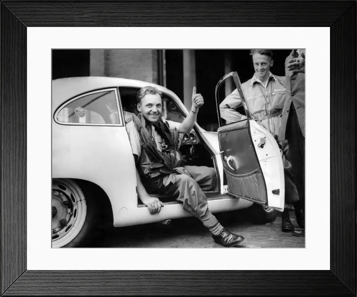 Framed Print : British formula one racing driver Brian Naylor gives the thumbs up to his new Jaguar car