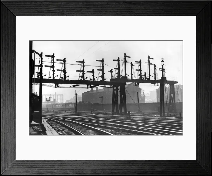 Framed Print : General view of railway signals over the tracks. May 1955 Framed Print : General view of railway signals over the tracks. May 1955