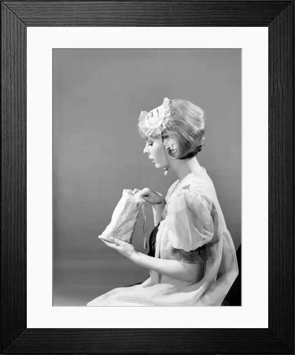 Framed Print : Model Dawn Chapman wearing face mask to aid her in getting a good nights sleep. 1962