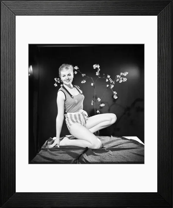 Framed Print : Ruth Calvert seen here modelling the latest 1959 springtime fashions posing with blossom