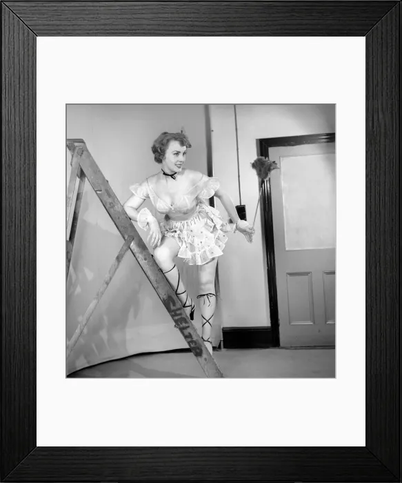 Framed Print : Cleaner wearing fancy dress. 1966 E25-003 Framed Print : Cleaner wearing fancy dress. 1966 E25-003