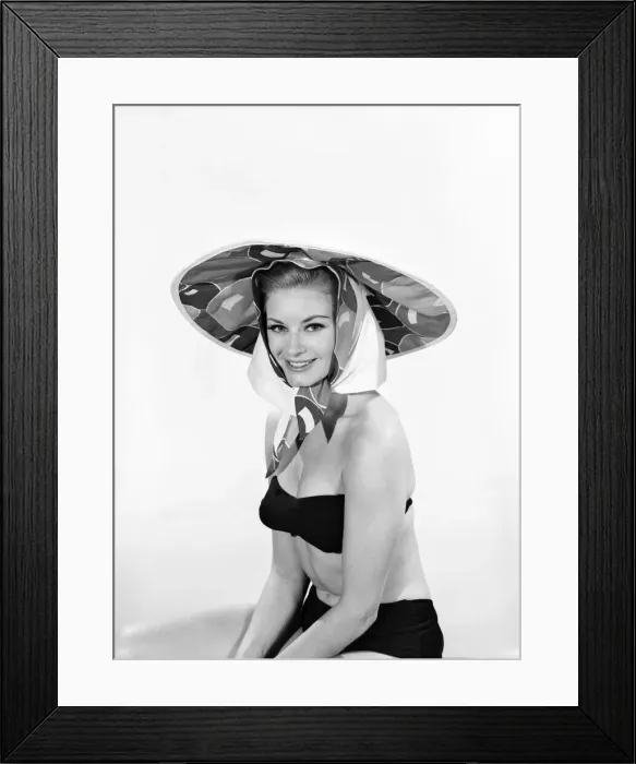 Framed Print : Model Margaret Lorraine wearing beach cushion hat. August 1962 Framed Print : Model Margaret Lorraine wearing beach cushion hat. August 1962