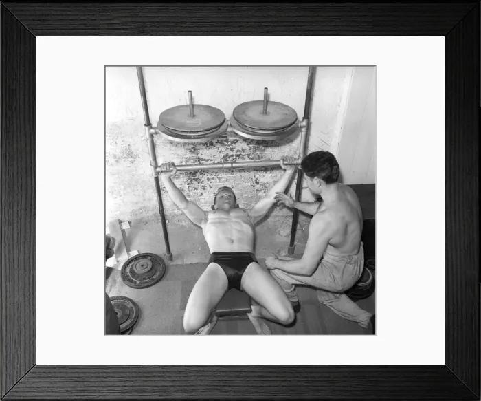 Framed Print : Mens Health: Body builder Larry Stevens seen here with his training coach exercising Framed Print : Mens Health: Body builder Larry Stevens seen here with his training coach exercising