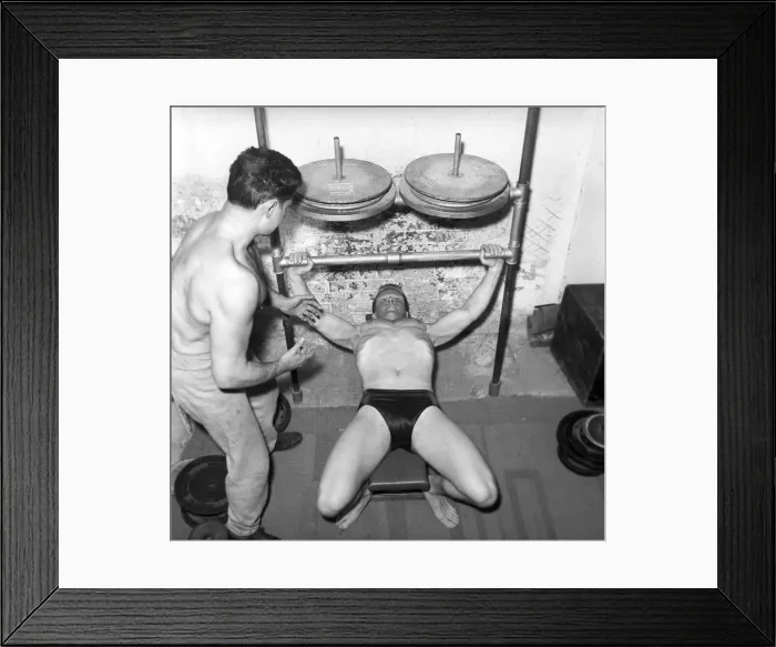 Framed Print : Mens Health: Body builder Larry Stevens seen here with his training coach exercising Framed Print : Mens Health: Body builder Larry Stevens seen here with his training coach exercising