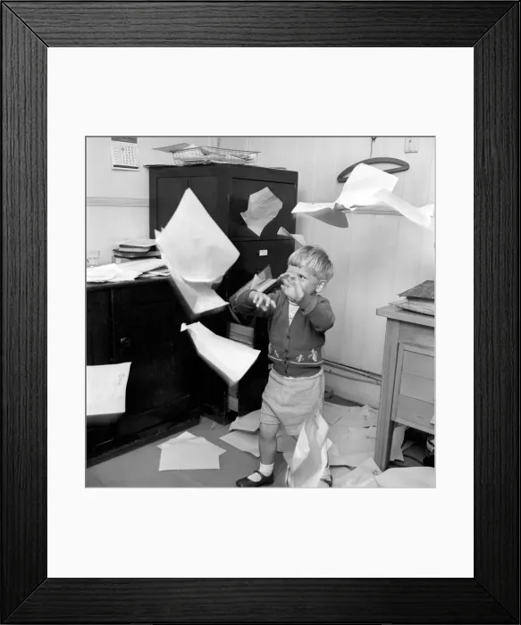 Framed Print : Office Junior: Two year old boy helps out at the offices of Theobald and son. 1957 Framed Print : Office Junior: Two year old boy helps out at the offices of Theobald and son. 1957