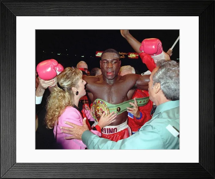 Framed Print : Frank Bruno celebrates his win in the WBC World Boxing Council Championship title fight Framed Print : Frank Bruno celebrates his win in the WBC World Boxing Council Championship title fight