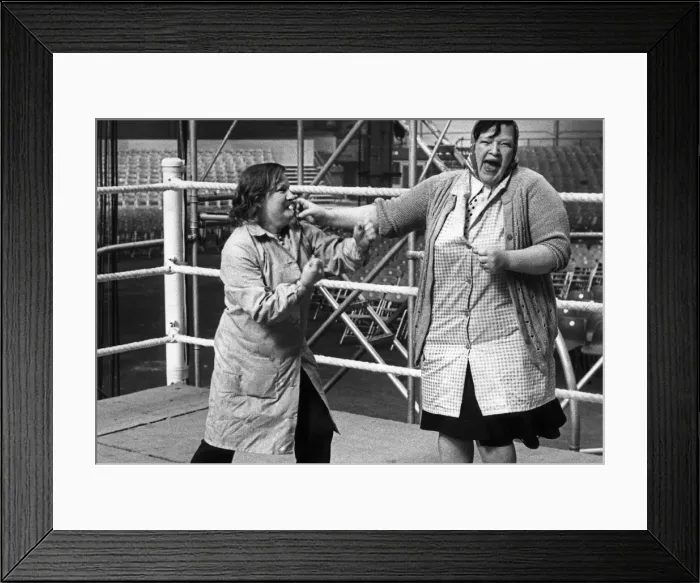 Framed Print : Two Glasgow women cleaners brawling in the boxing ring set up in Kelvin Hall for the big Framed Print : Two Glasgow women cleaners brawling in the boxing ring set up in Kelvin Hall for the big