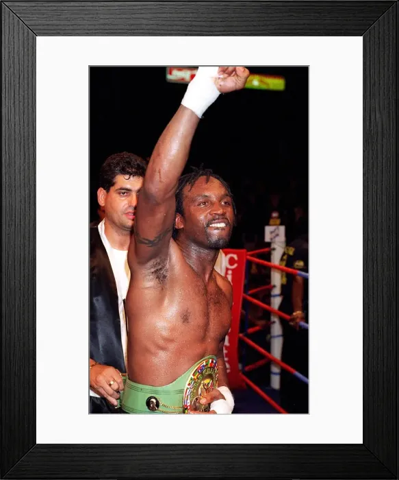 Framed Print : Nigel Benn celebraters his victory over Vincenzo Nariello in defence of his WBC super Framed Print : Nigel Benn celebraters his victory over Vincenzo Nariello in defence of his WBC super