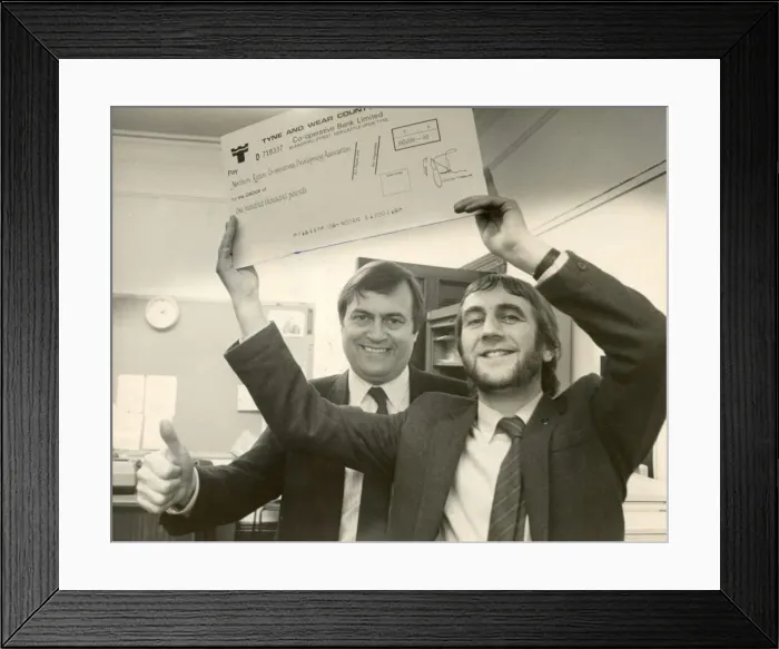 Framed Print : John Prescott hands over a cheques from Tyne Wear County Council to Norman Watson of Framed Print : John Prescott hands over a cheques from Tyne Wear County Council to Norman Watson of
