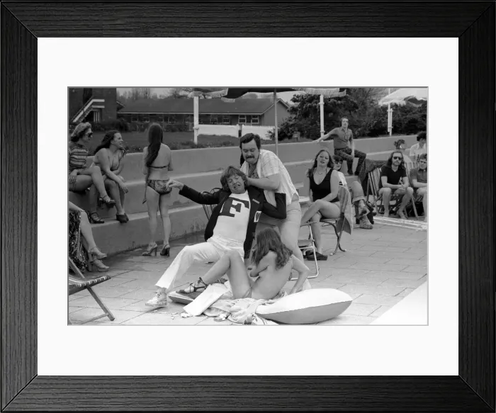 Framed Print : Robin Askwith and cast filming Confessions from a holiday camp Framed Print : Robin Askwith and cast filming Confessions from a holiday camp