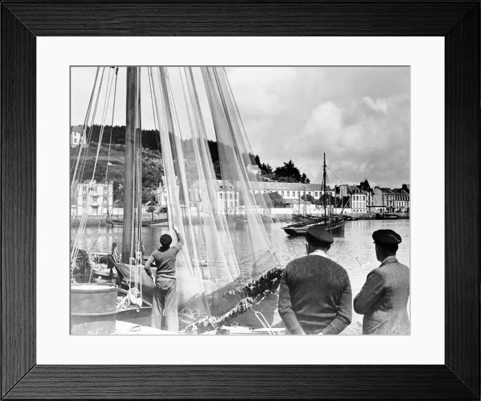 Framed Print : Audierne Brittany France 1938 Delicate blue fishing nets are hanging to dry Framed Print : Audierne Brittany France 1938 Delicate blue fishing nets are hanging to dry