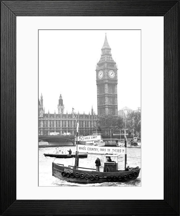 Framed Print : One of the protesting Little Ships gets in the shadow of Big Ben during a Framed Print : One of the protesting Little Ships gets in the shadow of Big Ben during a