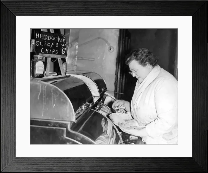 Framed Print : A Newcastle fish a chip shop in 1956 where customers were coming to terms with a price Framed Print : A Newcastle fish a chip shop in 1956 where customers were coming to terms with a price
