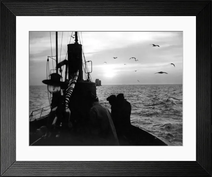 Framed Print : A herring drifter heading for home as the sun comes up and gulls wheel overhead in 1949 Framed Print : A herring drifter heading for home as the sun comes up and gulls wheel overhead in 1949