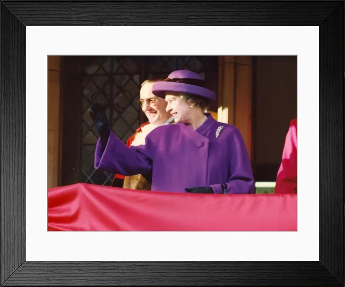 Framed Print : Queen Elizabeth II and Prince Philip visit Durham - Waving to the crowds at Durham Castle Framed Print : Queen Elizabeth II and Prince Philip visit Durham - Waving to the crowds at Durham Castle