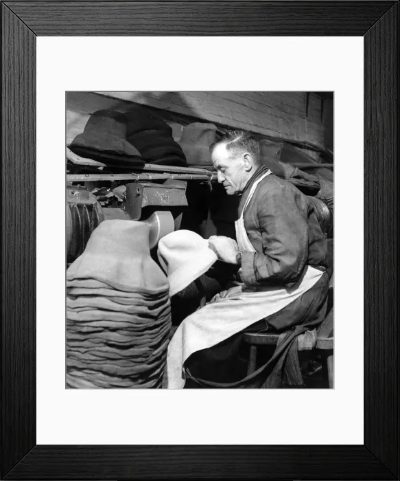 Framed Print : Spring hats in production in Luton, Bedfordshire 1946 Man is Framed Print : Spring hats in production in Luton, Bedfordshire 1946 Man is