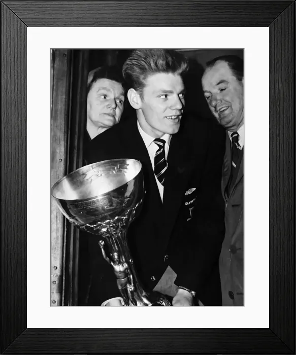 Framed Print : Dick McTaggart boxer holding the Val Barker cup for best Olympic boxer boxing