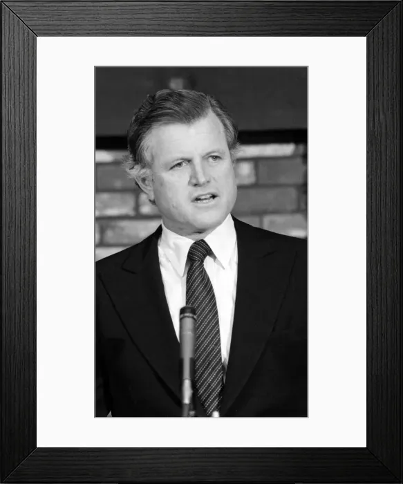 Framed Print : American senator Edward Kennedy speaking to the press during his campaign for Framed Print : American senator Edward Kennedy speaking to the press during his campaign for