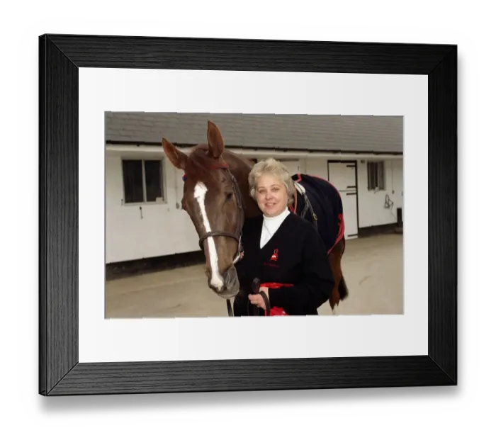 Framed Print : Racehorse trainer Jenny Pitman with Cheltenham Gold Cup hopeful Royal Athlete Framed Print : Racehorse trainer Jenny Pitman with Cheltenham Gold Cup hopeful Royal Athlete