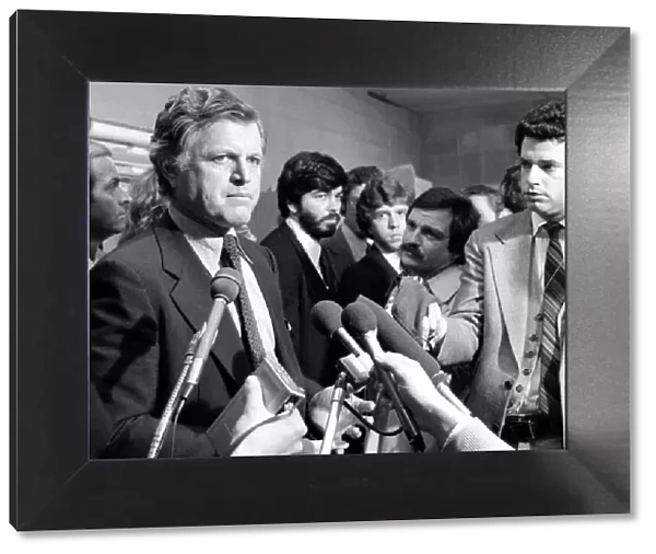 American senator Edward Kennedy speaking to the press during his campaign for