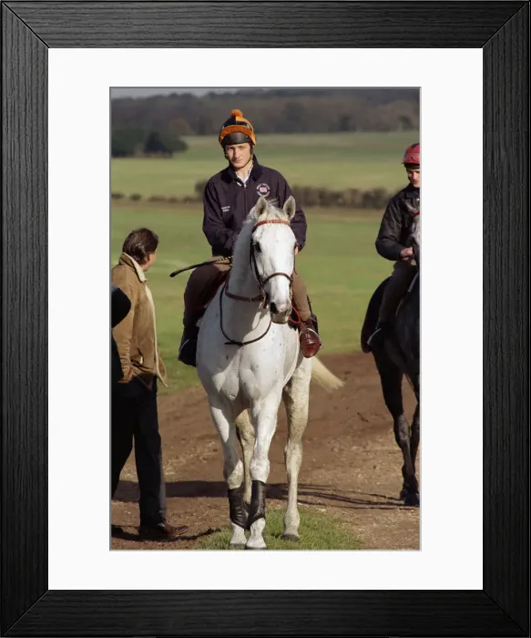 Framed Print : Famous racehorse Desert Orchid being taken out for a training session with jockey Richard Framed Print : Famous racehorse Desert Orchid being taken out for a training session with jockey Richard