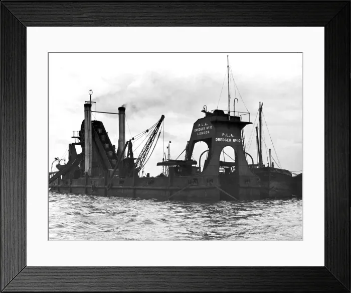 Framed Print : Port of London Authority Dredger Number 10 with barges alongside it at work in high water
