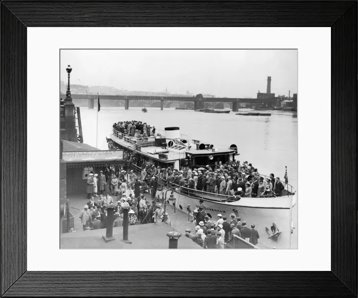 Framed Print : Pleasure Steamer at Westminster Pier with Belgian tourists starting a two week tour of