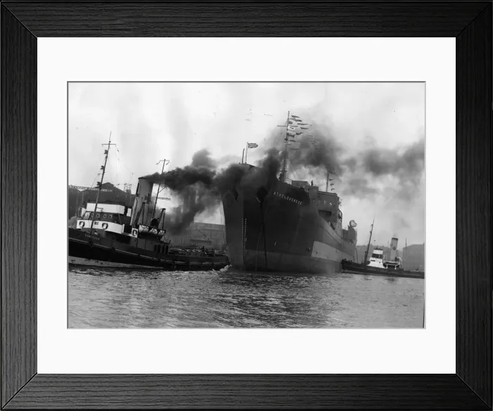 Framed Print : Shrouded by the smoke of the tugs taking charge of her, the tanker Athelduchess is Framed Print : Shrouded by the smoke of the tugs taking charge of her, the tanker Athelduchess is