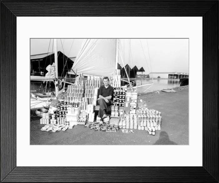 Framed Print : Robin Knox-Johnston with his provisions he will take on his yacht Suhaili Framed Print : Robin Knox-Johnston with his provisions he will take on his yacht Suhaili