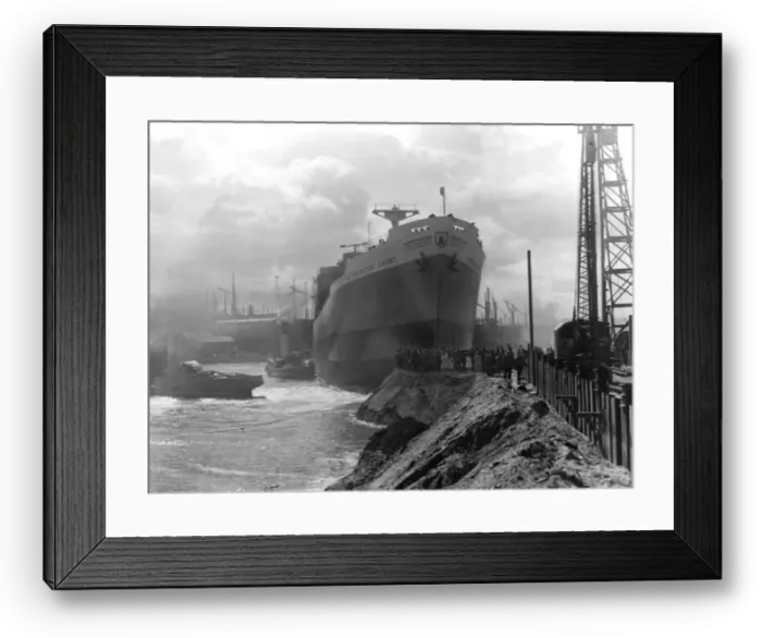 Framed Print : The 10, 950-ton Errington Court ship was caught by a high wind at her launch Framed Print : The 10, 950-ton Errington Court ship was caught by a high wind at her launch