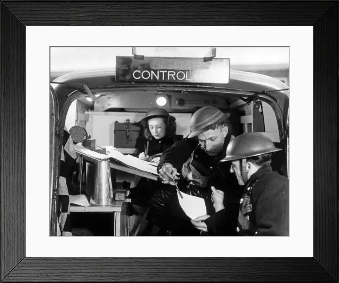 Framed Print : A control car in action used by the National fire Service during the blitz in the Second Framed Print : A control car in action used by the National fire Service during the blitz in the Second