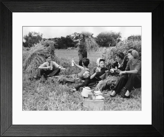 Framed Print : A group of friends enjoy a picnic out in the countryside during their farm holiday