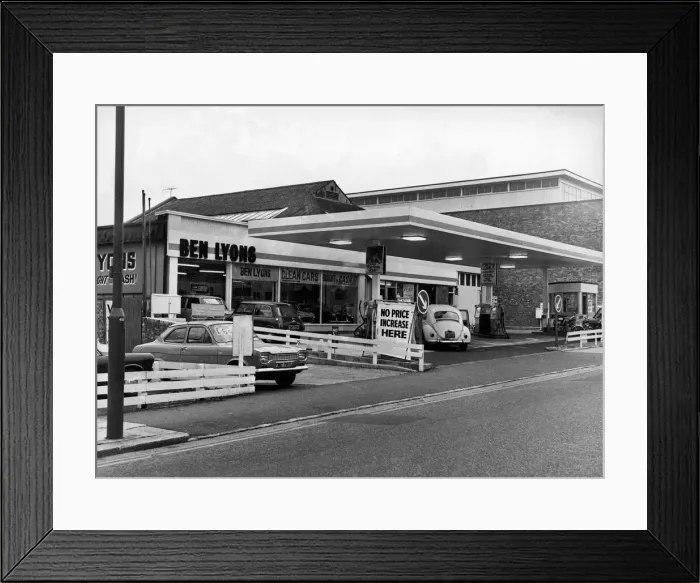 Framed Print : Petrol Station and Car Sales. 30th November 1975 Framed Print : Petrol Station and Car Sales. 30th November 1975