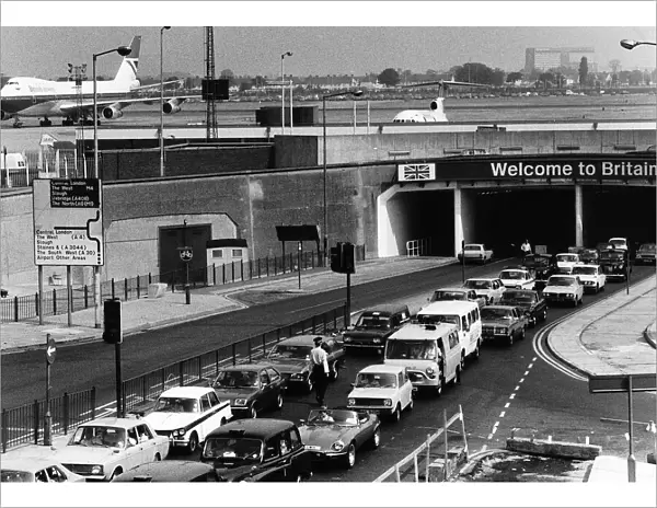 Traffic jam at London Heathrow airport at the tunnel leading into airport