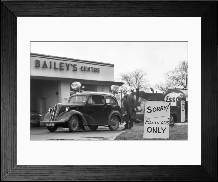 Framed Print : Ford Popular Car being filled at a Petrol Station. 27th November 1956